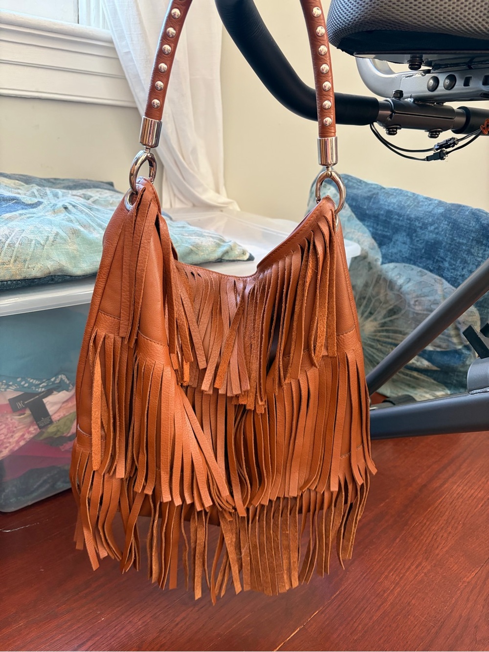 Garnet Hill Brown Leather Fringe Shoulder Bag with Studded Handle, Made in Italy